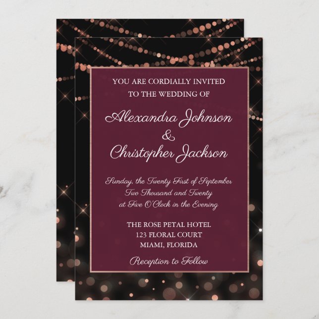 Burgundy and Rose Gold String Lights Wedding Invitation (Front/Back)