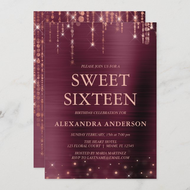 Burgundy and Rose Gold Sweet Sixteen Birthday Invitation (Front/Back)