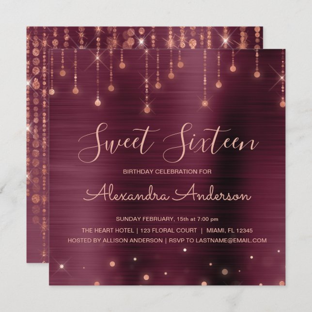 Burgundy and Rose Gold Sweet Sixteen Birthday Invitation (Front/Back)