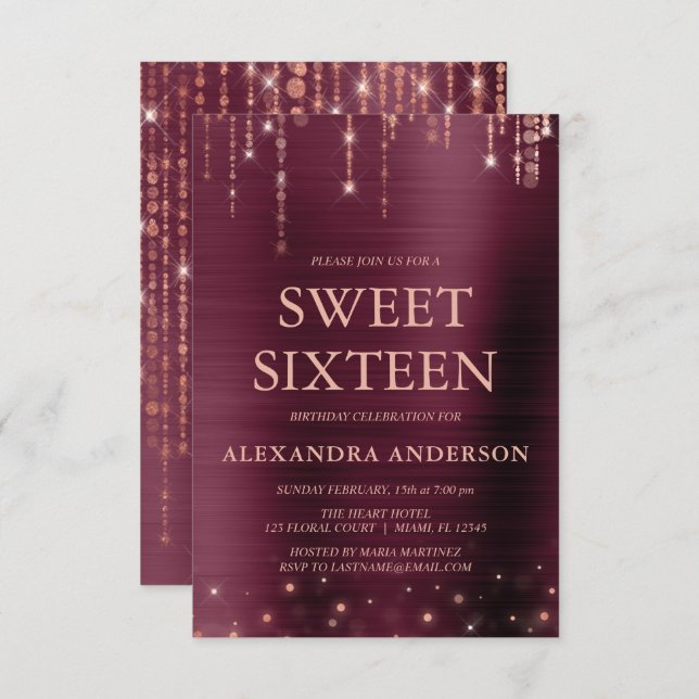 Burgundy and Rose Gold Sweet Sixteen Birthday Invitation (Front/Back)