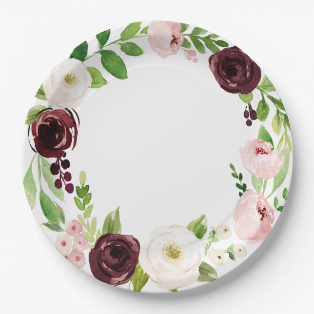 Burgundy and Rose Watercolor Baby Shower Plates (Front)