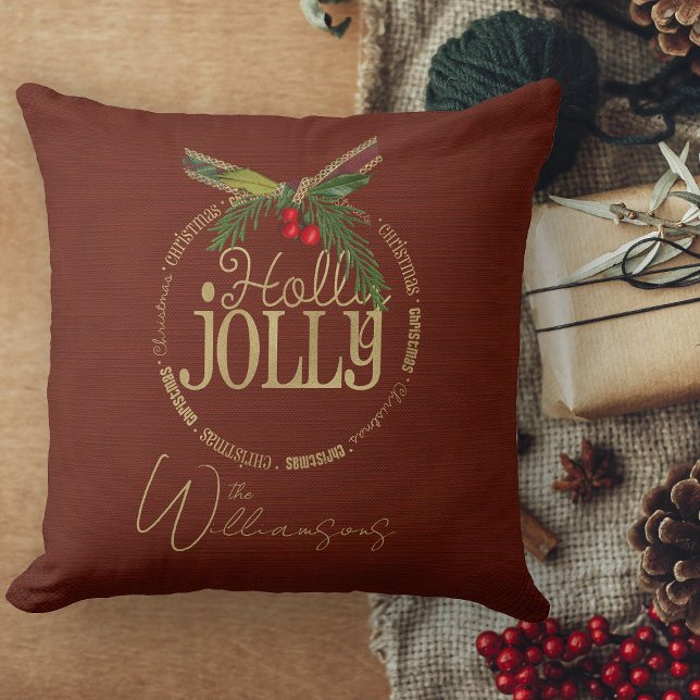 Burgundy And Shimmering Holly Jolly Christmas  Cushion (decorative Christmas couch throw pillow for living room)