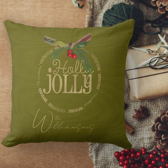 Burgundy And Shimmering Holly Jolly Christmas  Cushion (Christmas pillows personalized Christmas throw pillow for couch)