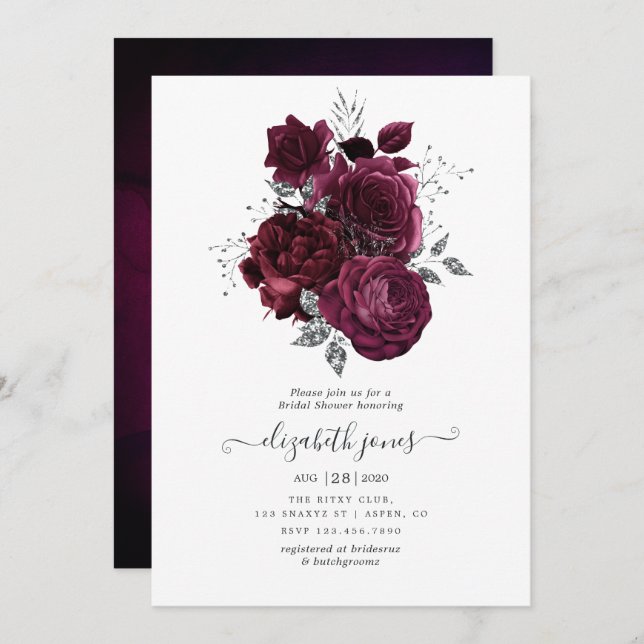 Burgundy and Silver Floral Bridal Shower Invitation (Front/Back)