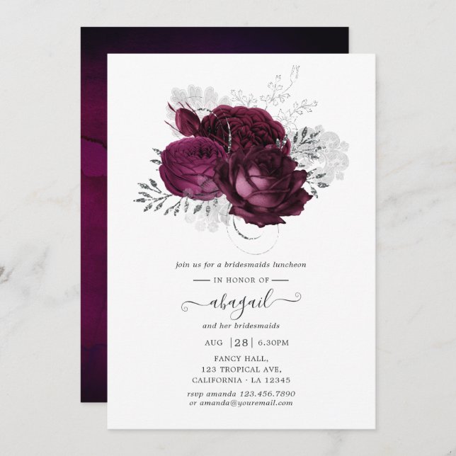 Burgundy and Silver Floral Bridesmaids Luncheon Invitation (Front/Back)