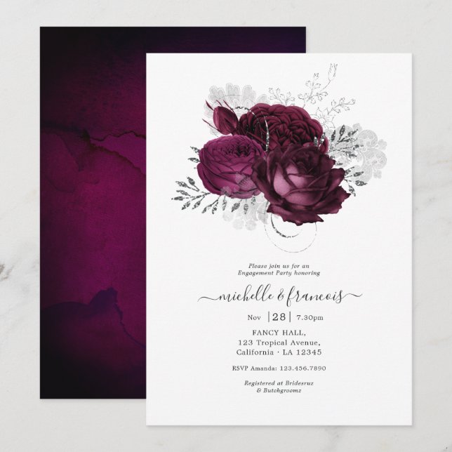 Burgundy and Silver Floral Engagement Party Invita Invitation (Front/Back)