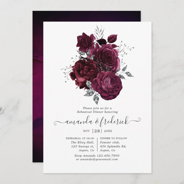 Burgundy and Silver Floral Rehearsal Dinner Invitation (Front/Back)