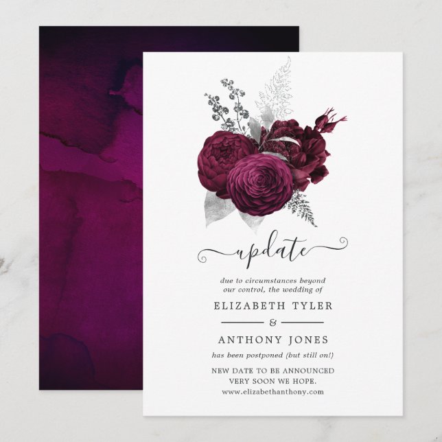Burgundy and Silver Floral Wedding Invitation (Front/Back)