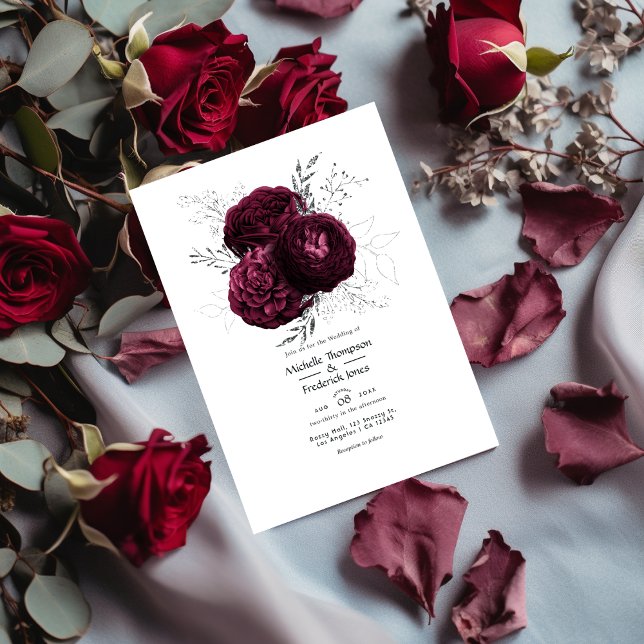 Burgundy and Silver Floral Wedding Invitation (Creator Uploaded)