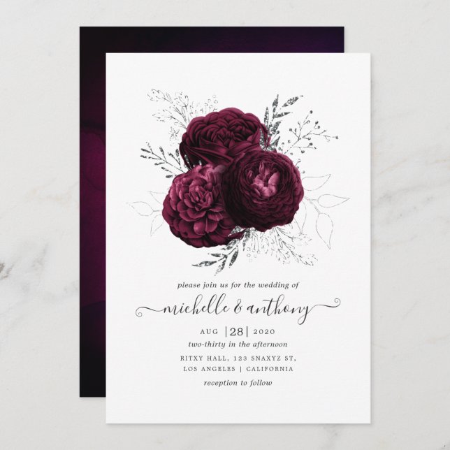 Burgundy and Silver Floral Wedding Invitation (Front/Back)