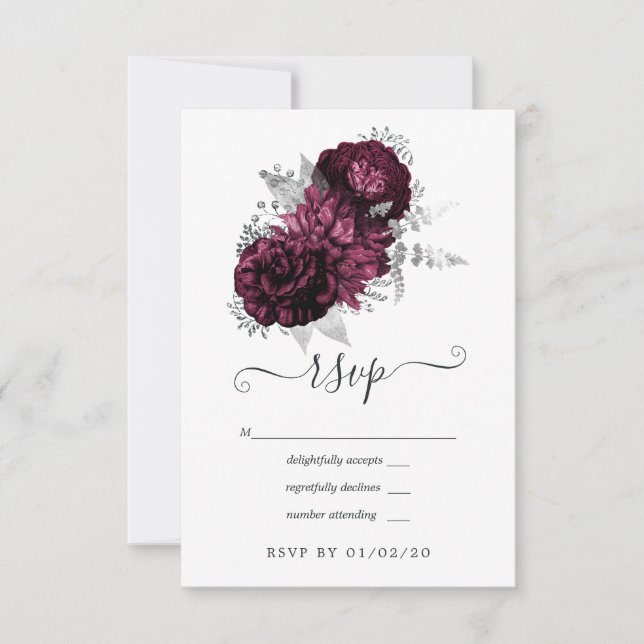 Burgundy and Silver Floral Wedding RSVP Card (Front)