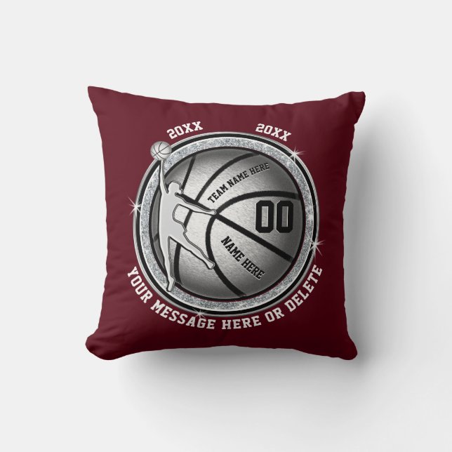 Burgundy and Silver Personalized Basketball Gifts Cushion (Front)