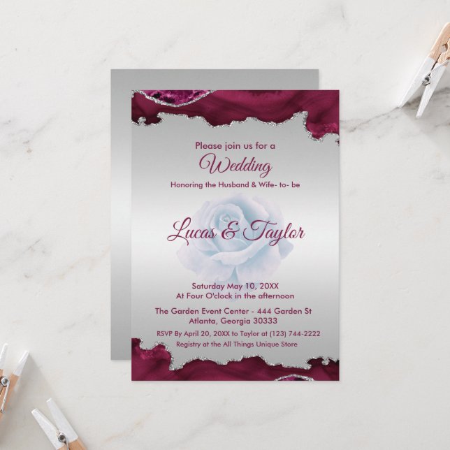 Burgundy and Silver Wedding Invitation (Front/Back In Situ)