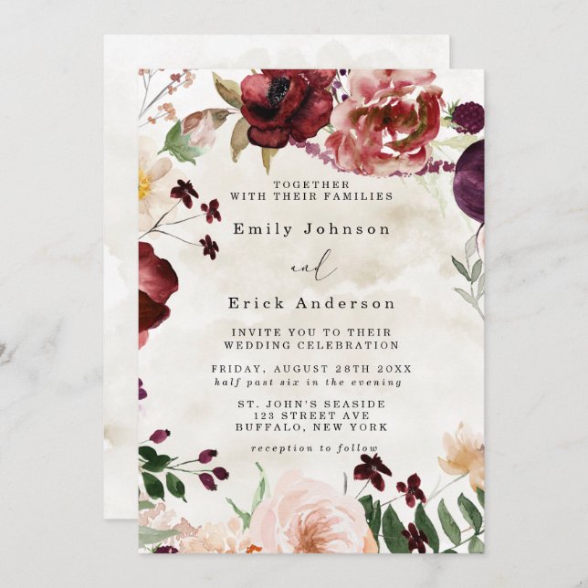 Burgundy And Tan Rustic Wildflowers Wedding Invitation (Front/Back)