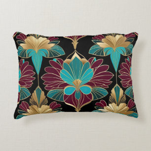 Burgundy and teal art deco floral decorative cushion