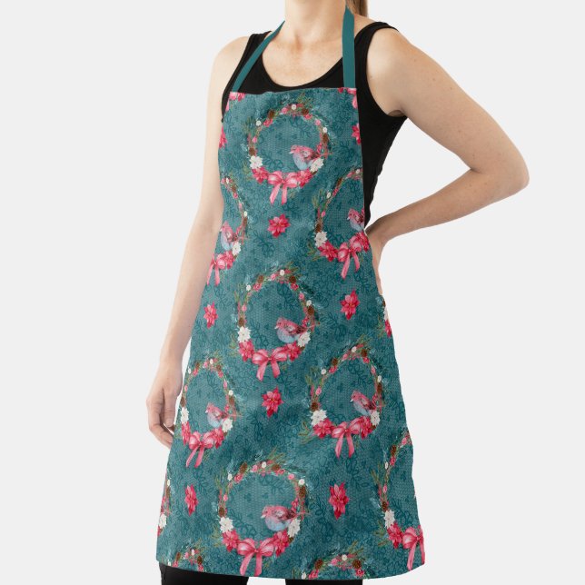 Burgundy and Teal Christmas Wreath and Cardinal Apron (Insitu)