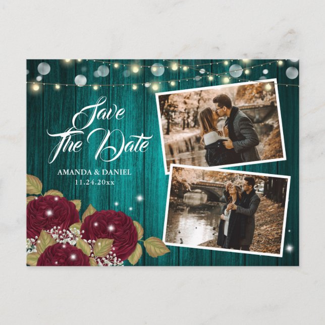 Burgundy and Teal Save The Date Photo Postcards (Front)