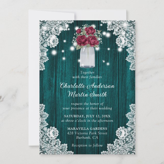 Burgundy and Teal Wood Lace Floral Wedding Invitation (Front)