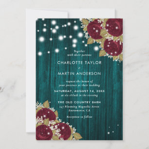 Burgundy and Teal Wood Lights Floral Wedding Invitation