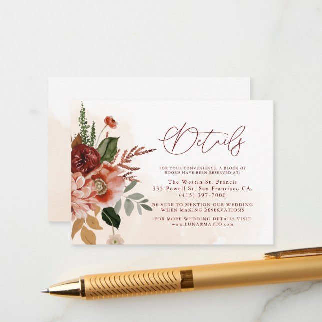 Burgundy and Terracotta Wedding Details Enclosure Card (Front/Back In Situ)