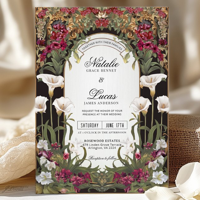 Burgundy and White Calla Lily Art Nouveau Wedding Invitation (Creator Uploaded)