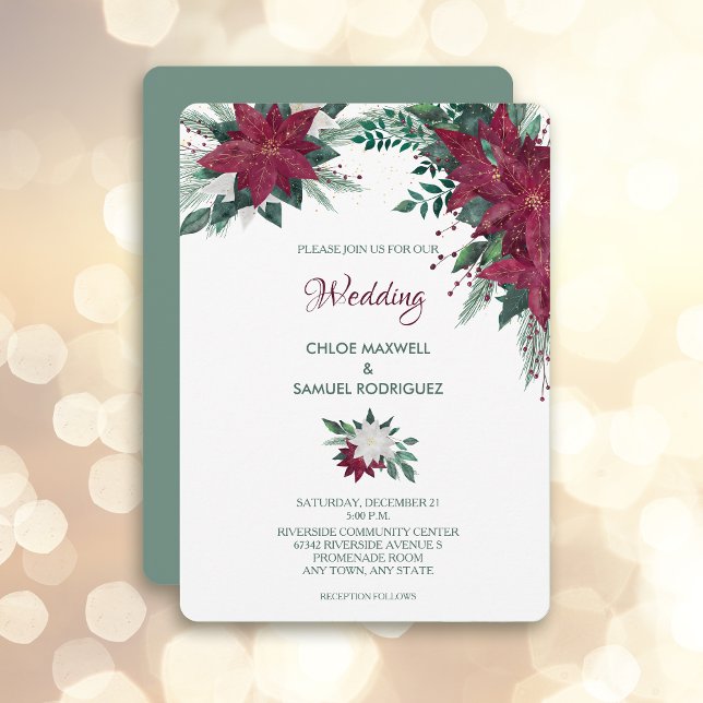 Burgundy and White Christmas Poinsettia Wedding Invitation (Creator Uploaded)