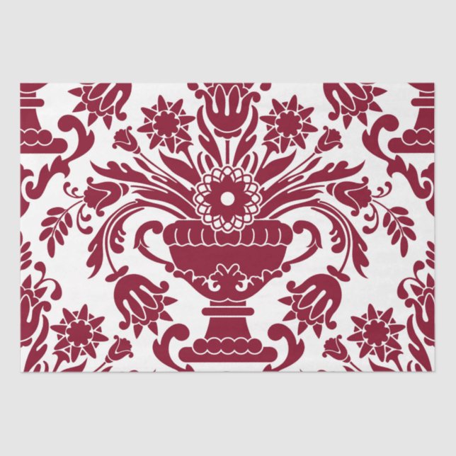 Burgundy and White Damask Floral Elegant Decoupage Tissue Paper (Front)