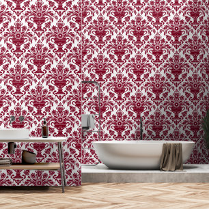 Burgundy and White Damask Floral peel and stick Wallpaper