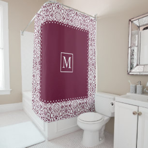 Burgundy and white damask pattern and monogram shower curtain