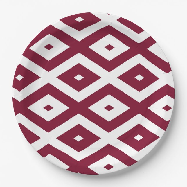 Burgundy and white diamond pattern paper plate (Front)