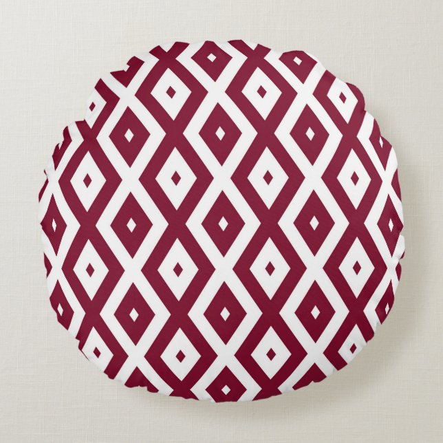 Burgundy and white diamond pattern round cushion (Front)