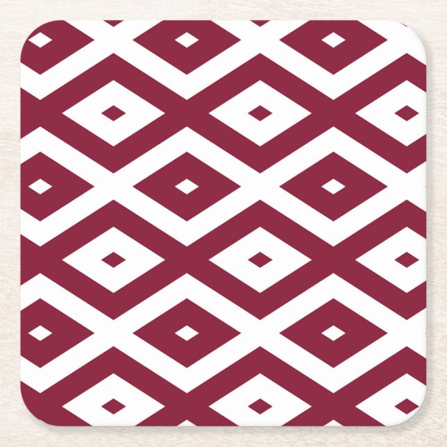 Burgundy and white diamond pattern square paper coaster (Front)