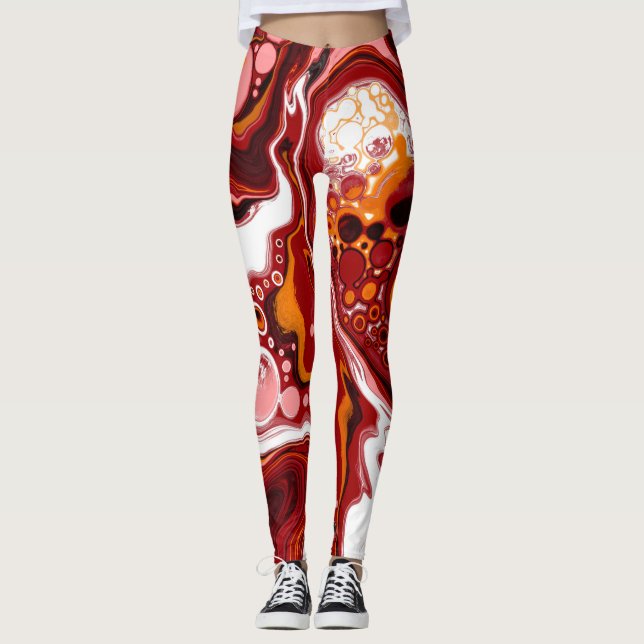 Burgundy and White Digital Fluid Art Leggings (Front)