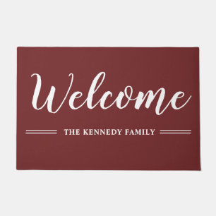 Burgundy And White Family Name Welcome   Doormat