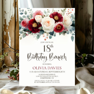 Burgundy and White Floral 18th Birthday Brunch Invitation