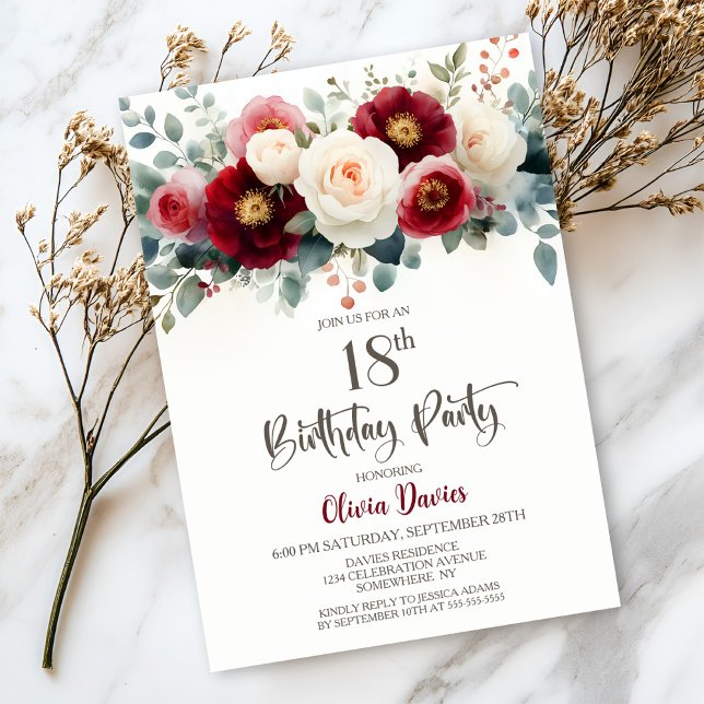 Burgundy and White Floral 18th Birthday Party Invitation (Creator Uploaded)