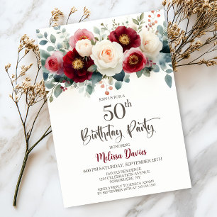 Burgundy and White Floral 50th Birthday Party Invitation