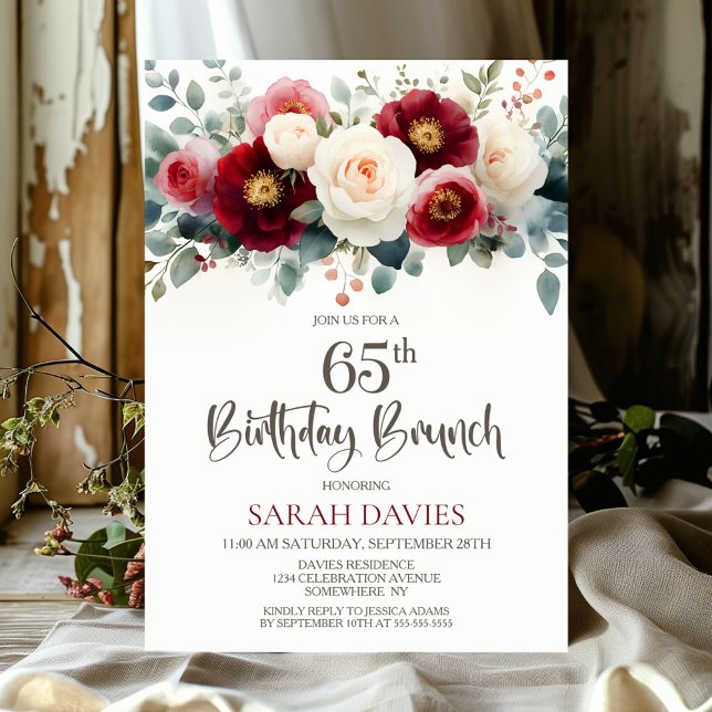 Burgundy and White Floral 65th Birthday Brunch Invitation (Creator Uploaded)