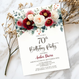Burgundy and White Floral 70th Birthday Party Invitation