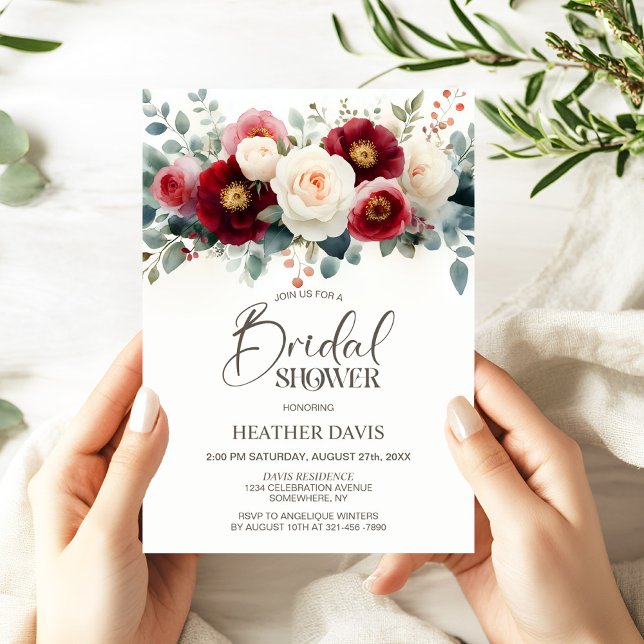 Burgundy and White Floral Bridal Shower Invitation (Creator Uploaded)