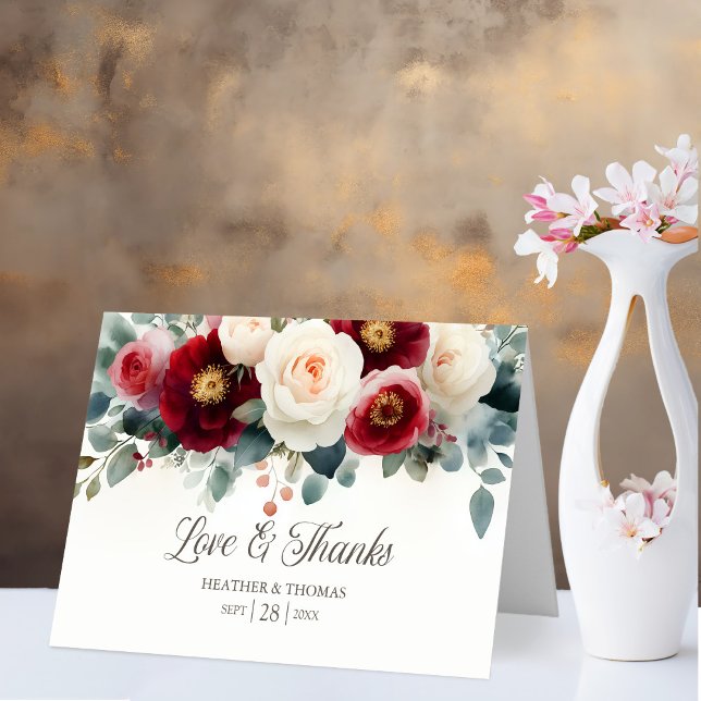 Burgundy and White Floral Love and Thanks Wedding Thank You Card (Creator Uploaded)