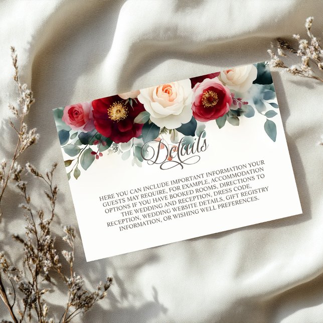 Burgundy and White Floral Wedding Details Enclosure Card (Creator Uploaded)