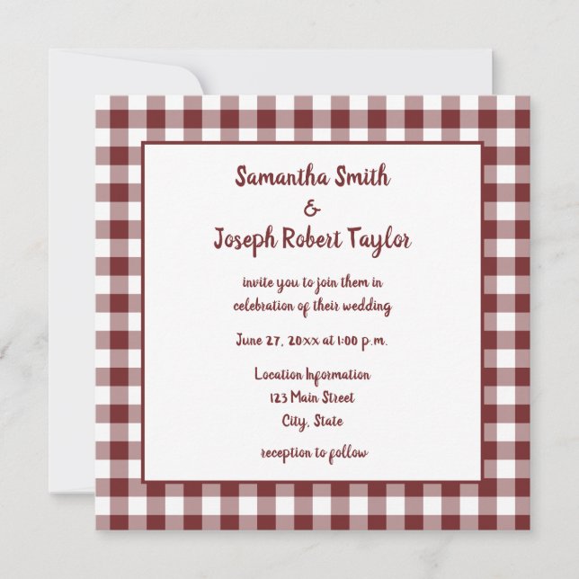 Burgundy and White Gingham Plaid Wedding Invitation (Front)