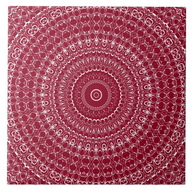 Burgundy and White Intricate Mandala Pattern Ceramic Tile (Front)