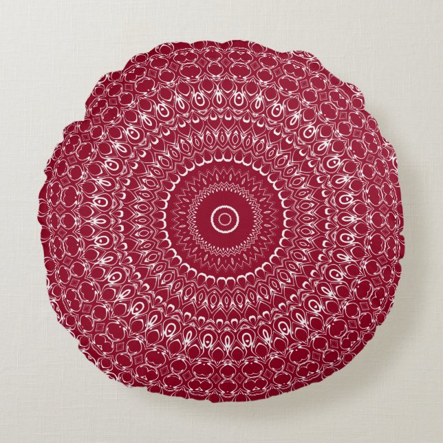 Burgundy and White Intricate Mandala Pattern Round Cushion (Front)