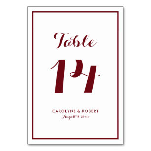 Burgundy and White Modern Calligraphy Wedding Table Number
