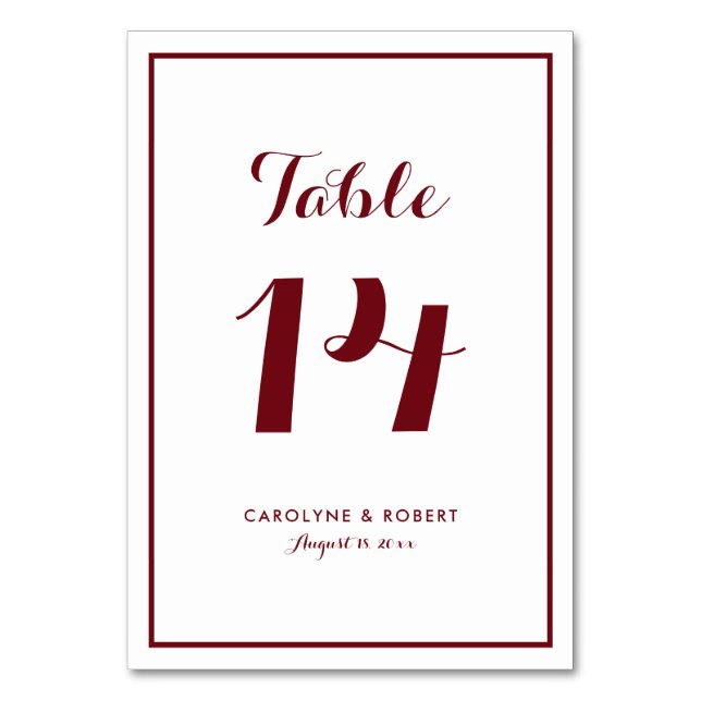 Burgundy and White Modern Calligraphy Wedding Table Number (Front)