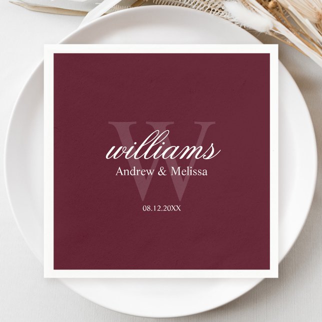 Burgundy and White Monogram Wedding Napkin (Creator Uploaded)