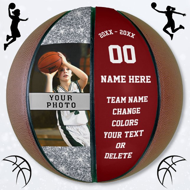 Burgundy and White Personalised Basketball Ball (Custom photo basketball, for Girls. Silver glitter look design. Burgundy and white basketball. )