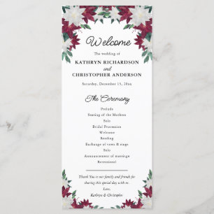 Burgundy and White Poinsettia Christmas Wedding Program
